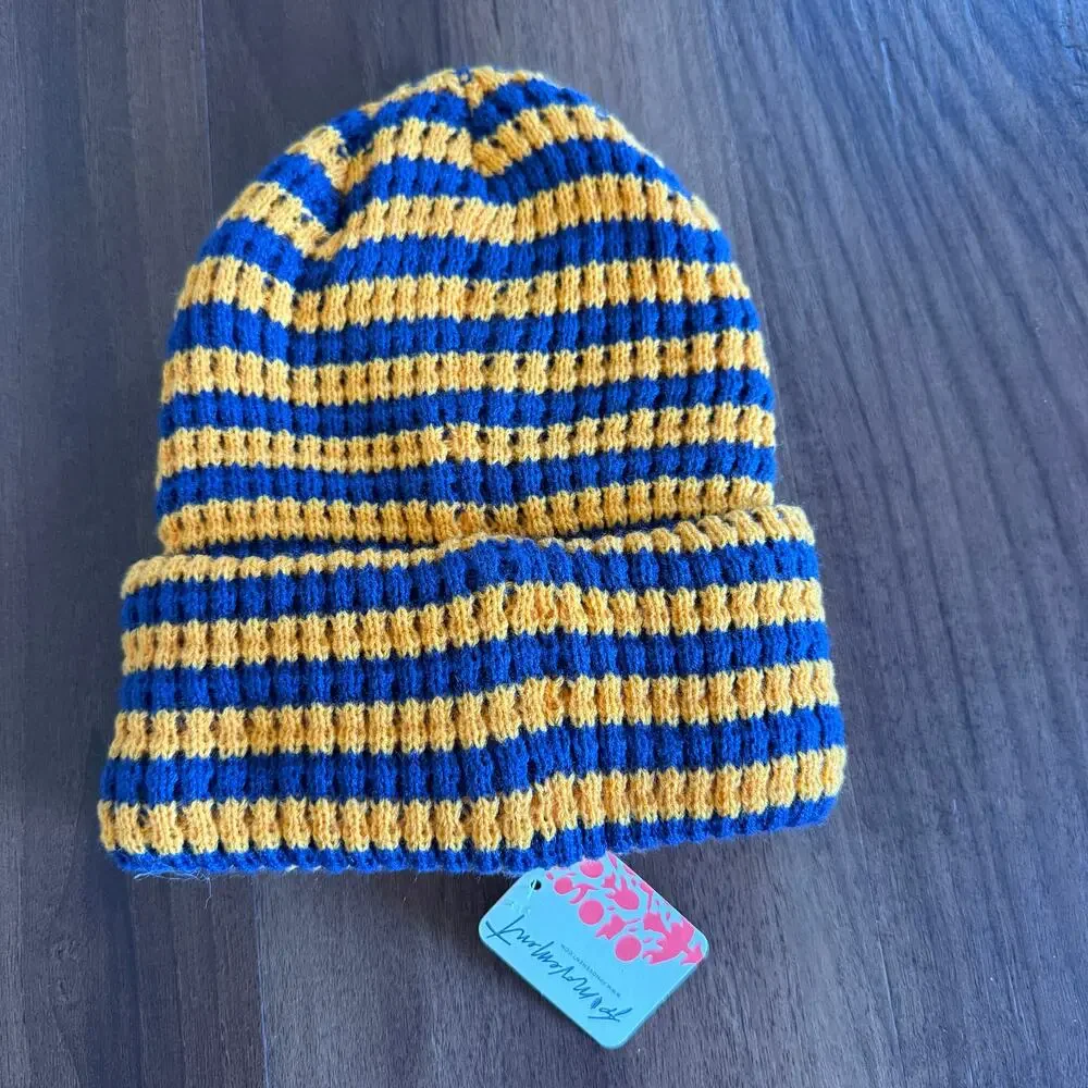 NWT FP Movement Stripe it Up Cool Down Beanie in Varsity Orange Blue Stripe
